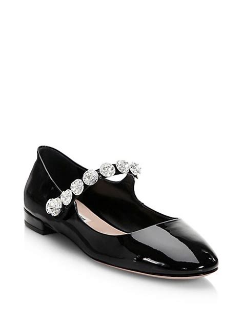 Miu Miu Jewelled Flat Patent Leather Mary Janes.